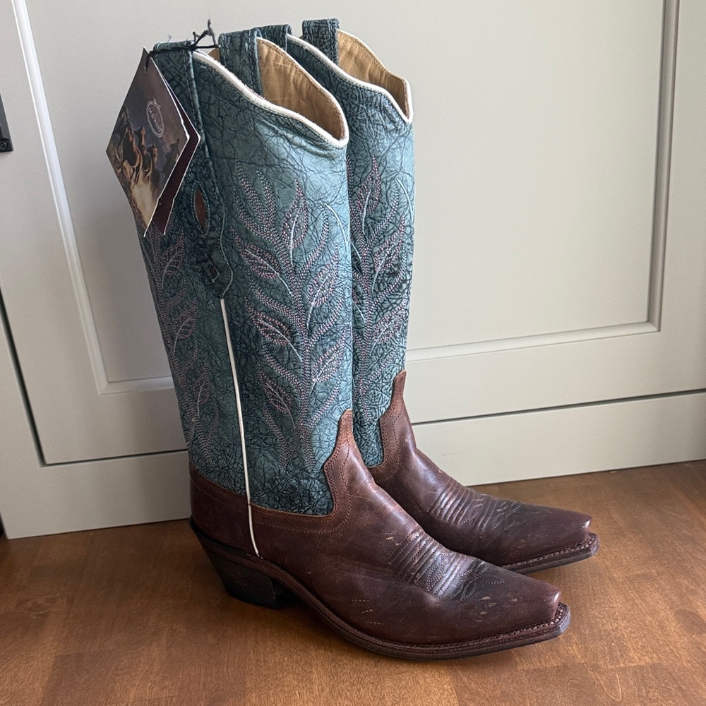 Old West Brown Leather Western Teal Cowboy Boots womens 5.5 kids 3.5